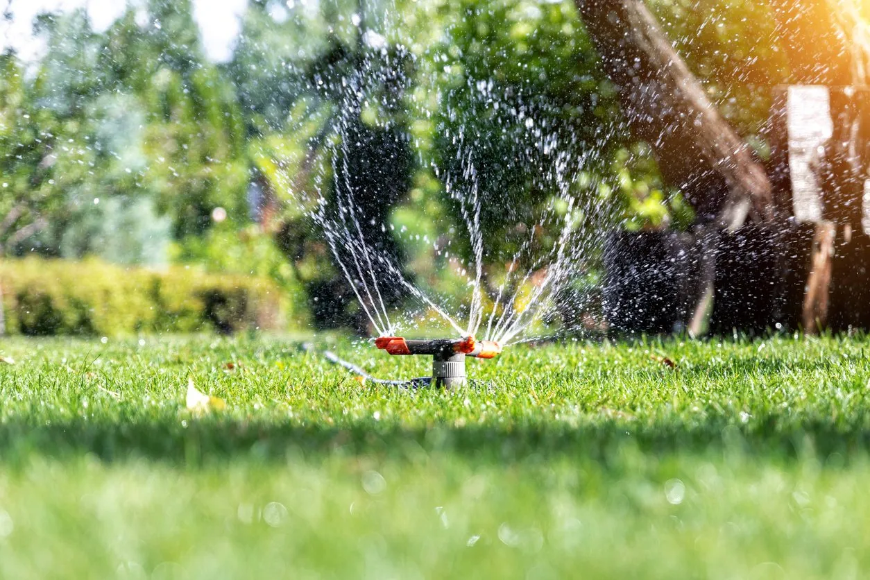 Landscapeautomaticgardenwateringsystemwithdifferentrotatingsprinklersinstalledonturf.Landscapedesignwithlawnandfruitgardenirrigatedwithsmartautonomoussprayersatsunsettimestockphoto 1920w