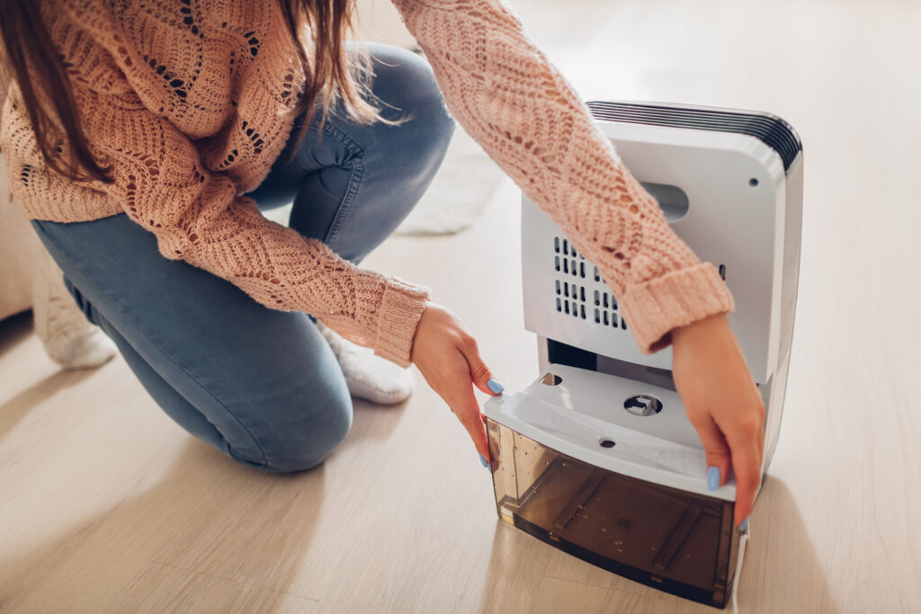 Woman changing water container of dehumidifier at home Dampness in apartment Modern air dryer